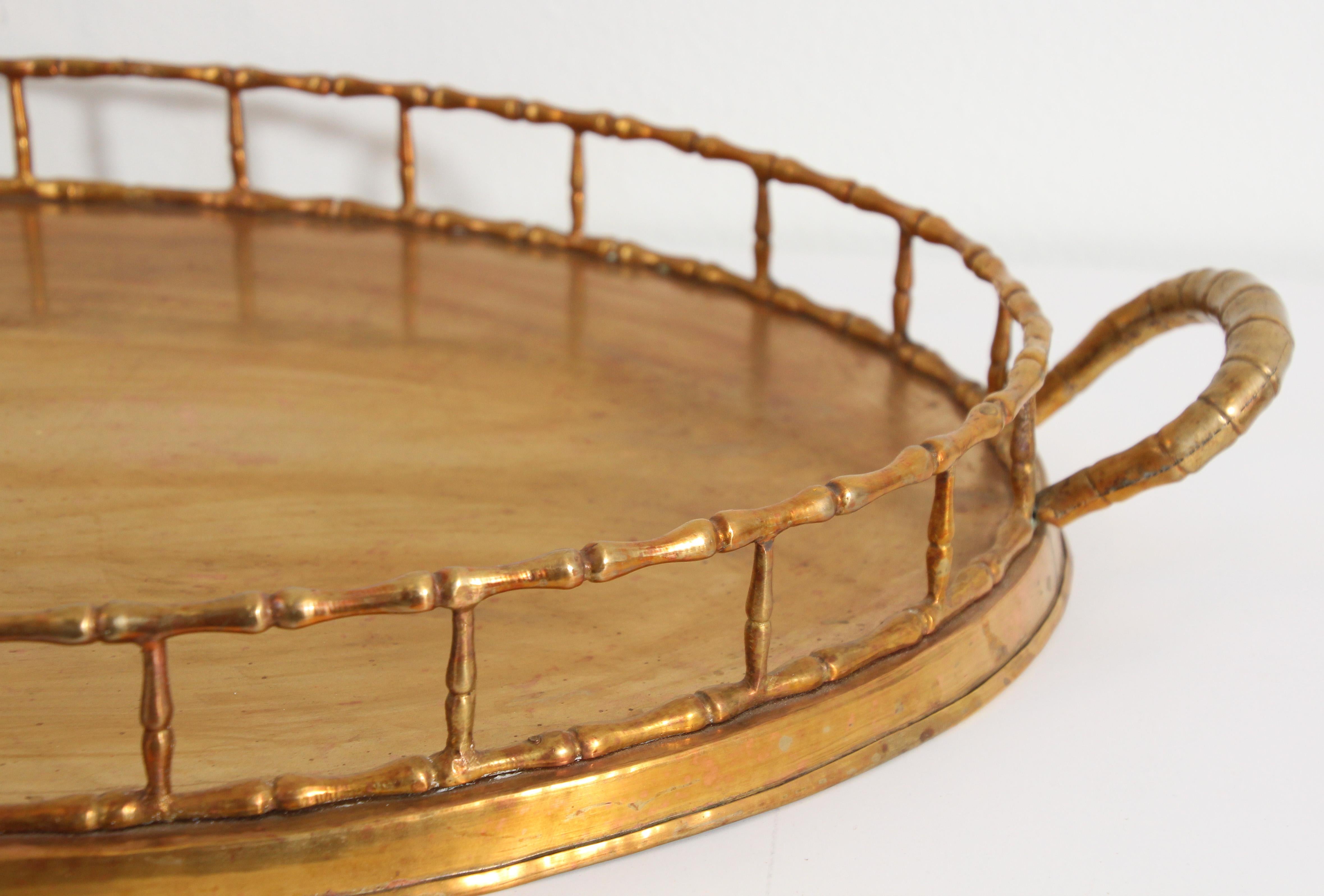 Hollywood Regency Faux Bamboo Oval Brass Serving Tray 12