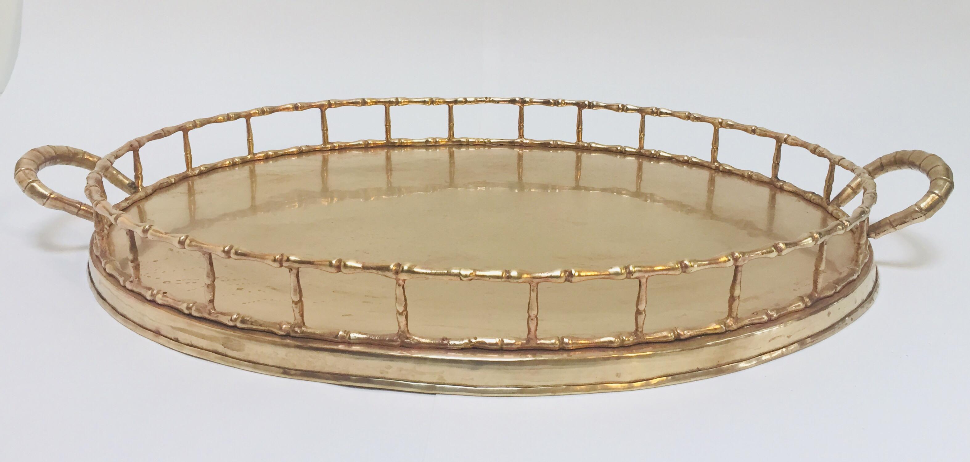 20th Century Hollywood Regency Faux Bamboo Oval Brass Serving Tray