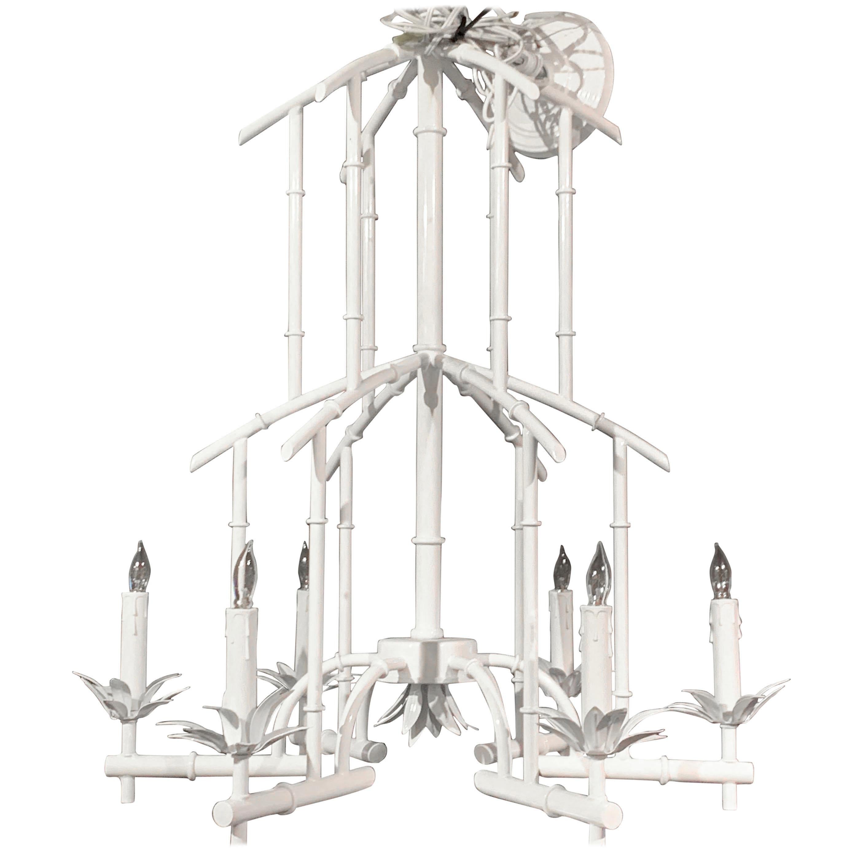 Hollywood Regency Faux Bamboo Six Light Pagoda Chandelier, in White For Sale