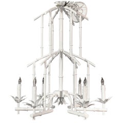 Hollywood Regency Faux Bamboo Six Light Pagoda Chandelier, in White