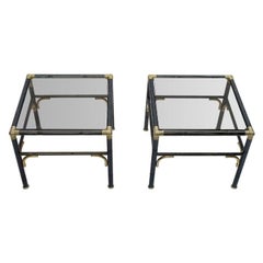 Hollywood Regency Faux Bamboo Steel and Brass Side Tables with Smoked Glass Tops
