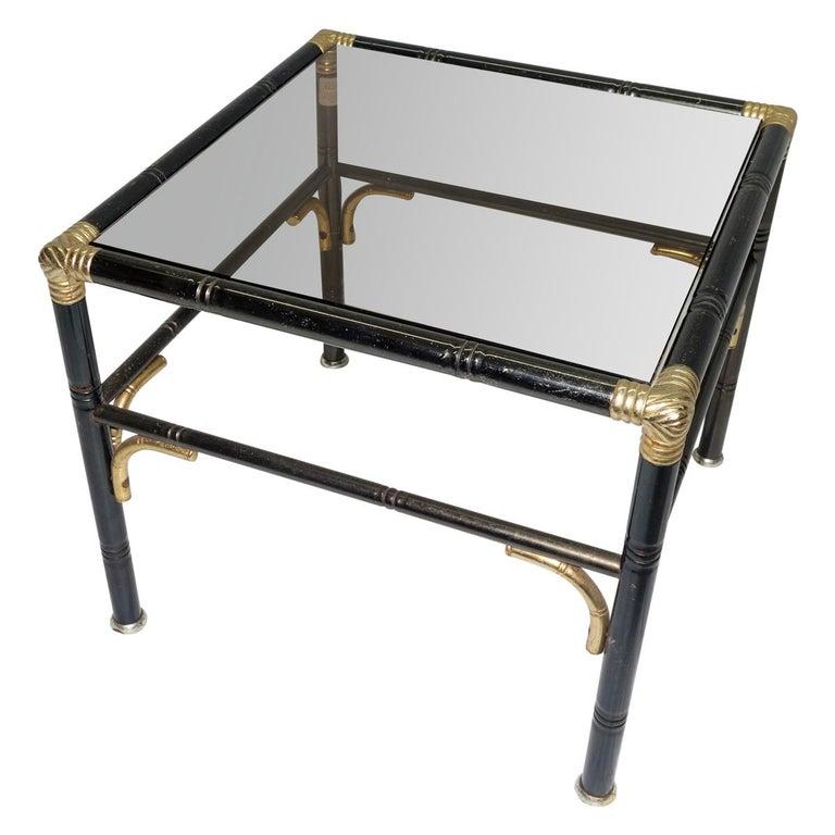 French Hollywood Regency Faux Bamboo Steel and Brass Side Tables with Smoked Glass Tops For Sale