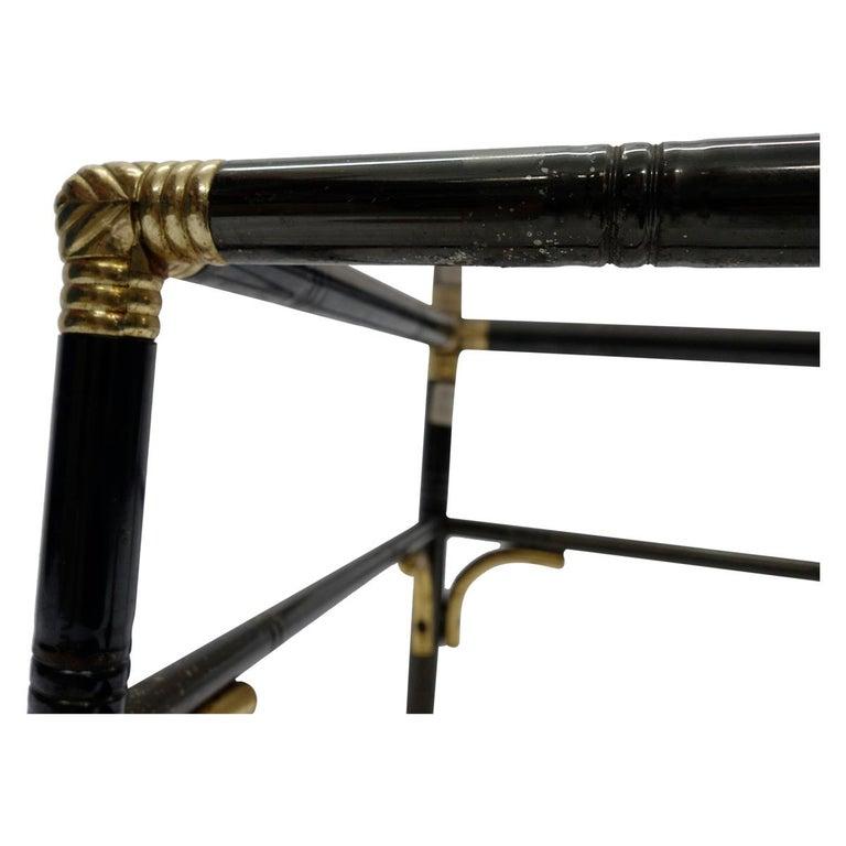 Painted Hollywood Regency Faux Bamboo Steel and Brass Side Tables with Smoked Glass Tops For Sale