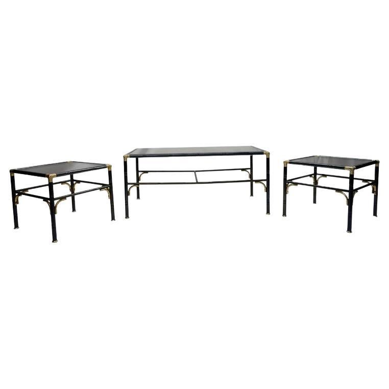 Hollywood Regency Faux Bamboo Steel and Brass Side Tables with Smoked Glass Tops For Sale 1