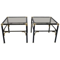 Hollywood Regency Faux Bamboo Steel and Brass Side Tables with Smoked Glass Tops