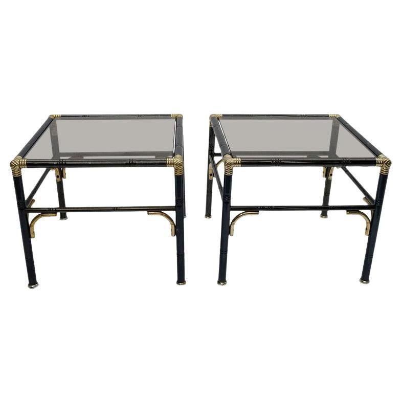 Hollywood Regency Faux Bamboo Steel and Brass Side Tables with Smoked Glass Tops For Sale