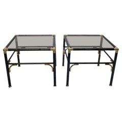 Hollywood Regency Faux Bamboo Steel and Brass Side Tables with Smoked Glass Tops
