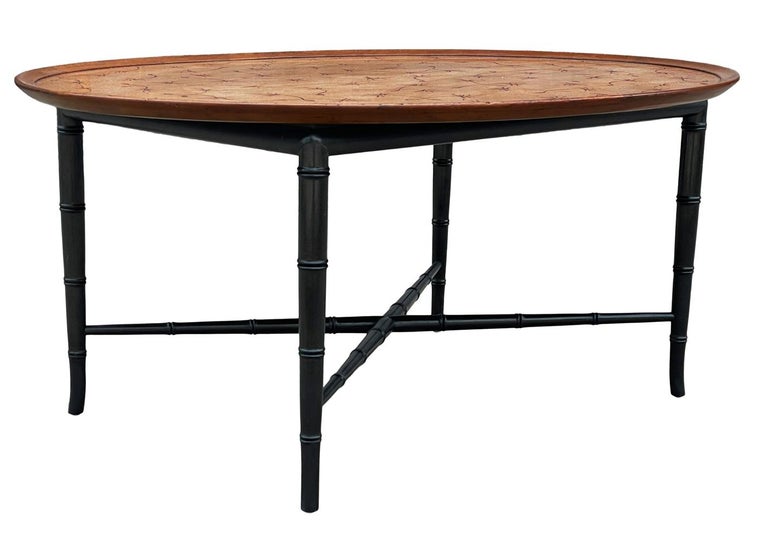 Hollywood Regency Faux Bamboo Tray Cocktail Table with Oak Top by