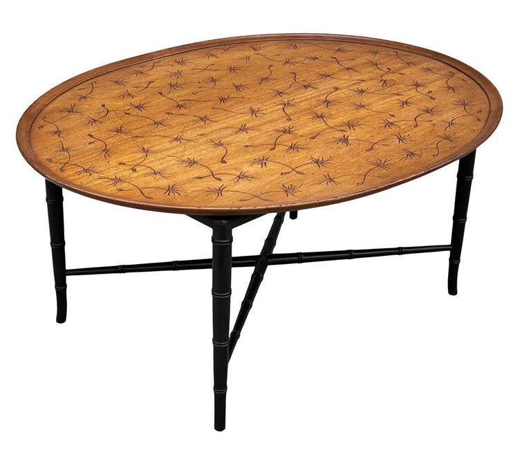 Hollywood Regency Faux Bamboo Tray Cocktail Table with Oak Top by