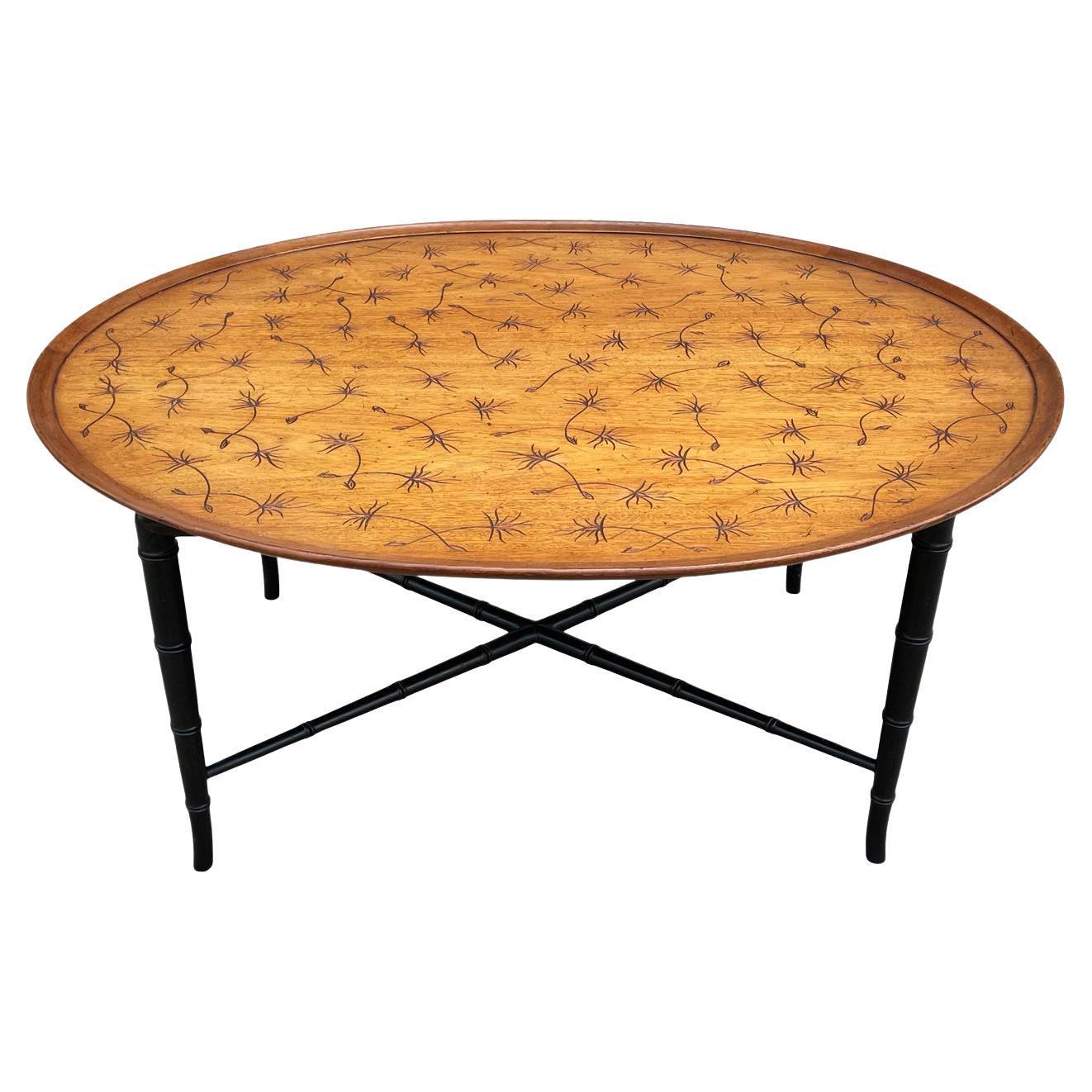 Hollywood Regency Faux Bamboo Tray Cocktail Table with Oak Top by Kittinger