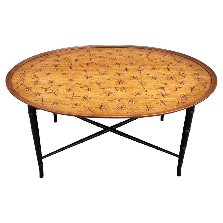 Hollywood Regency Faux Bamboo Tray Cocktail Table with Oak Top by