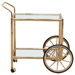 Hollywood Regency Faux Bamboo Two-Tiered Brass Bar Cart Italy