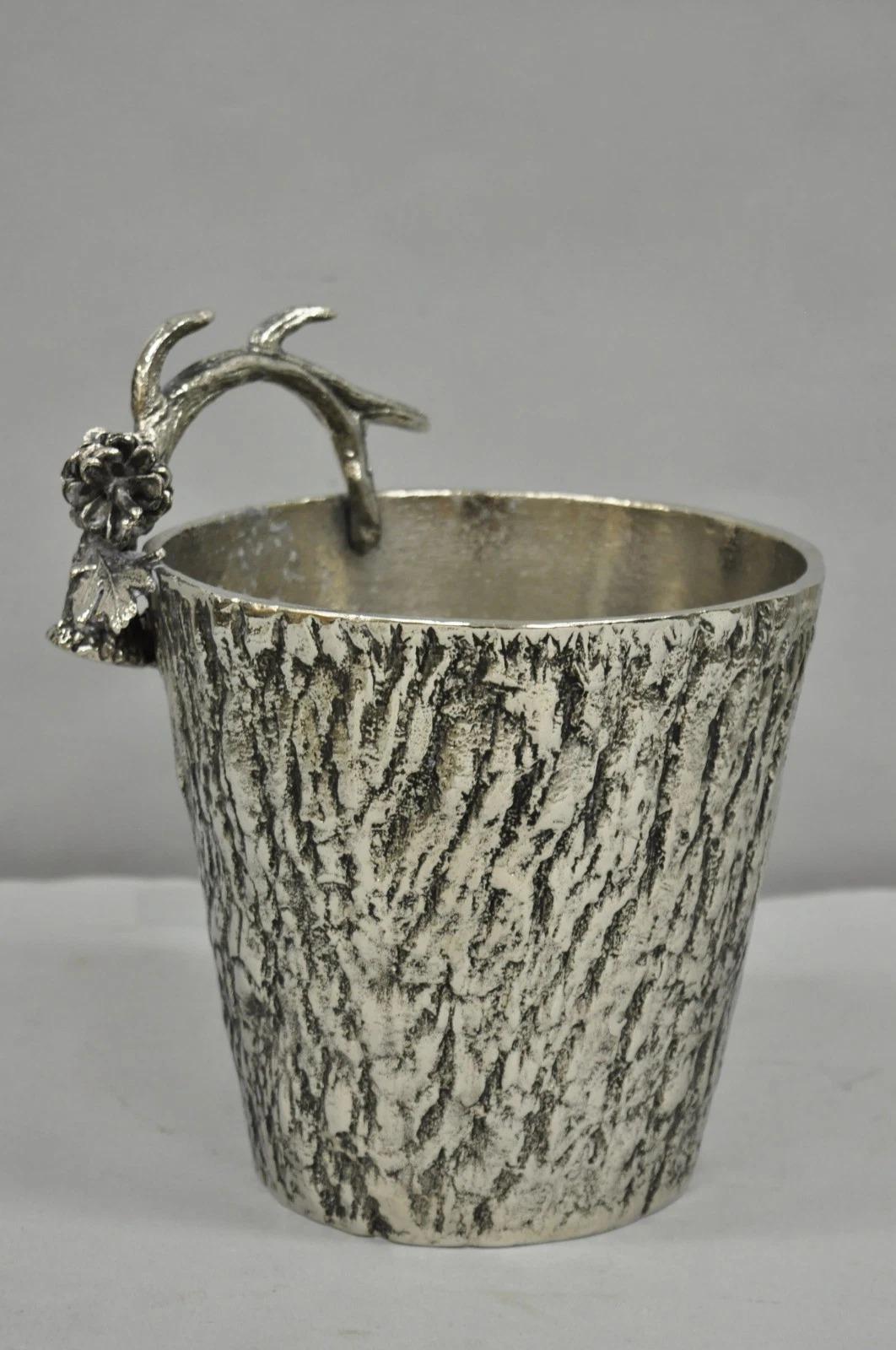 Hollywood Regency Faux Bois Silver Plated Antler Branch Chiller Bucket Mud Pie For Sale 6