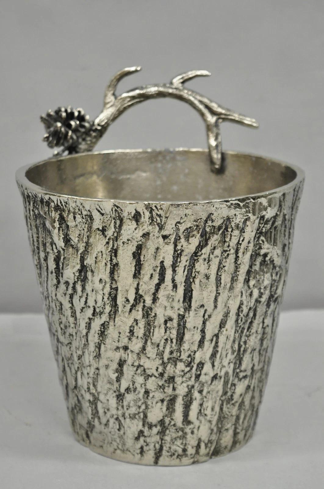  Vintage Hollywood Regency Faux Bois Silver Plated Antler Branch Champagne Chiller Wine Ice Bucket by Mud Pie. Circa Late 20th Century. Measurements: 10.5