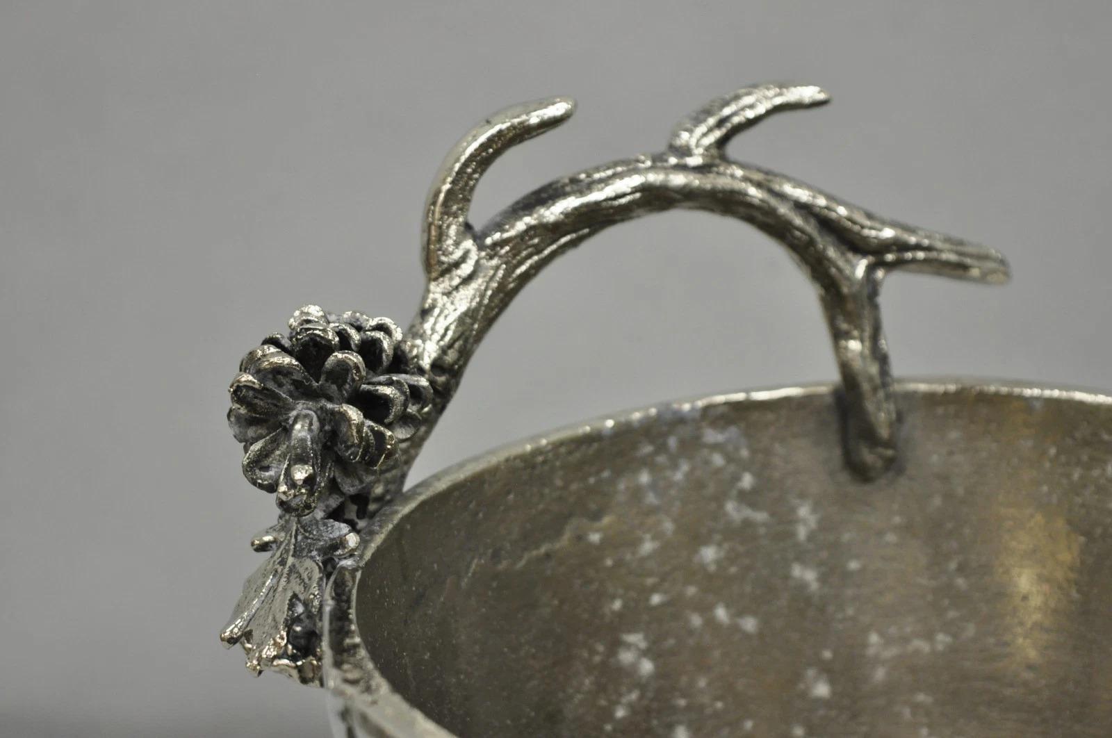 20th Century Hollywood Regency Faux Bois Silver Plated Antler Branch Chiller Bucket Mud Pie For Sale
