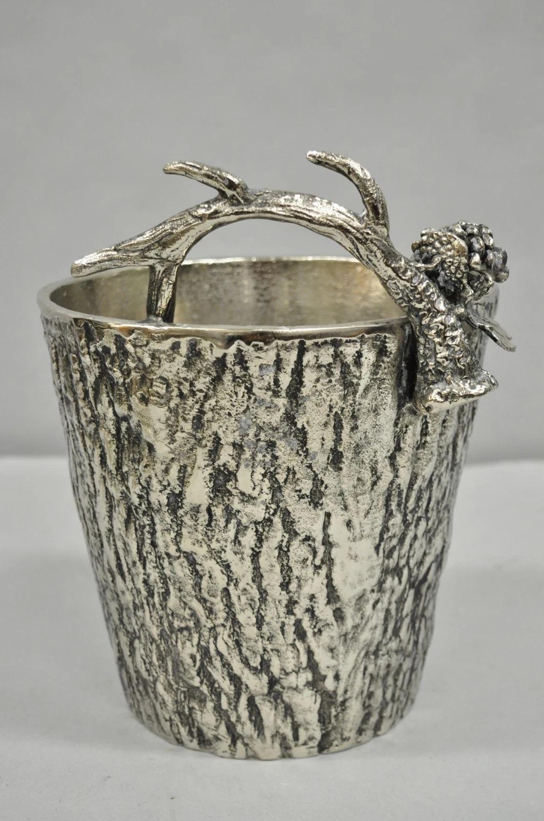 Hollywood Regency Faux Bois Silver Plated Antler Branch Chiller Bucket Mud Pie For Sale 4
