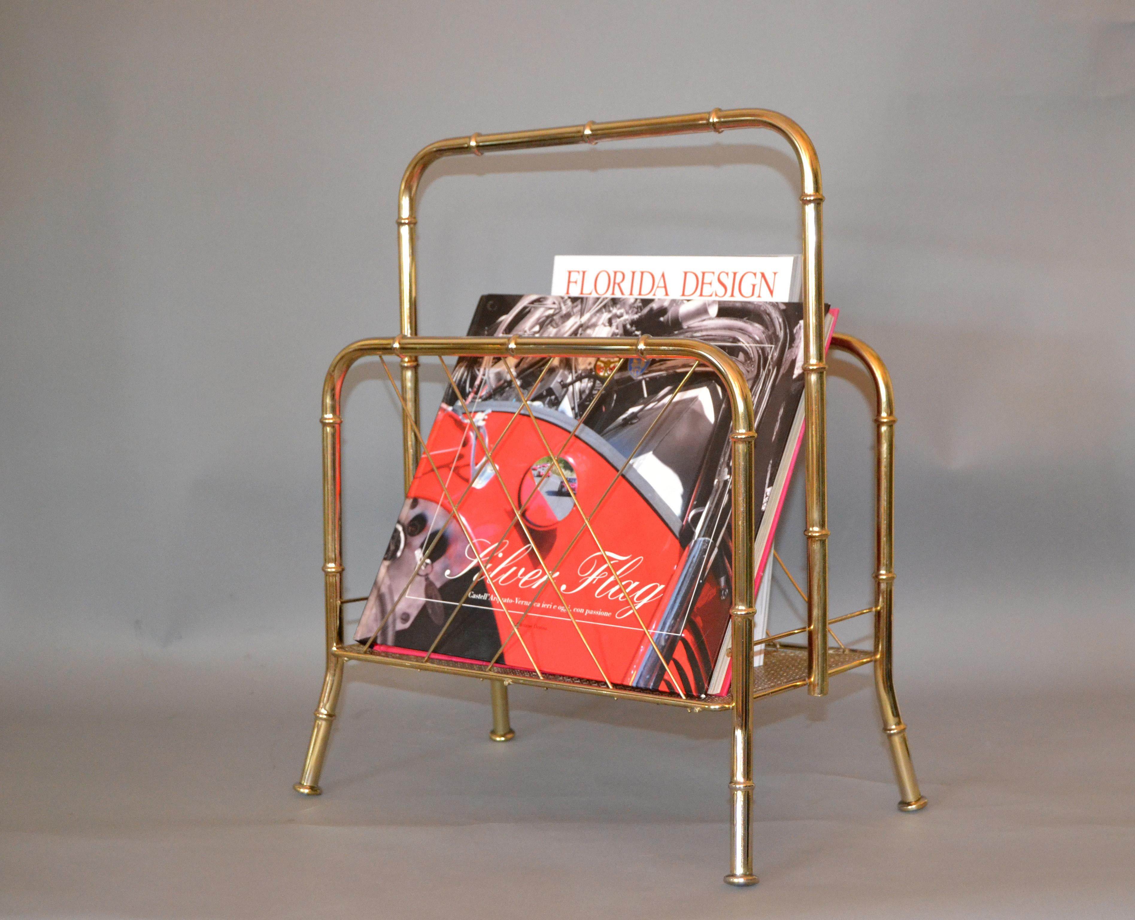 Hollywood Regency Brass Faux Bamboo and Cane Magazine Newspaper Stand Rack For Sale 3