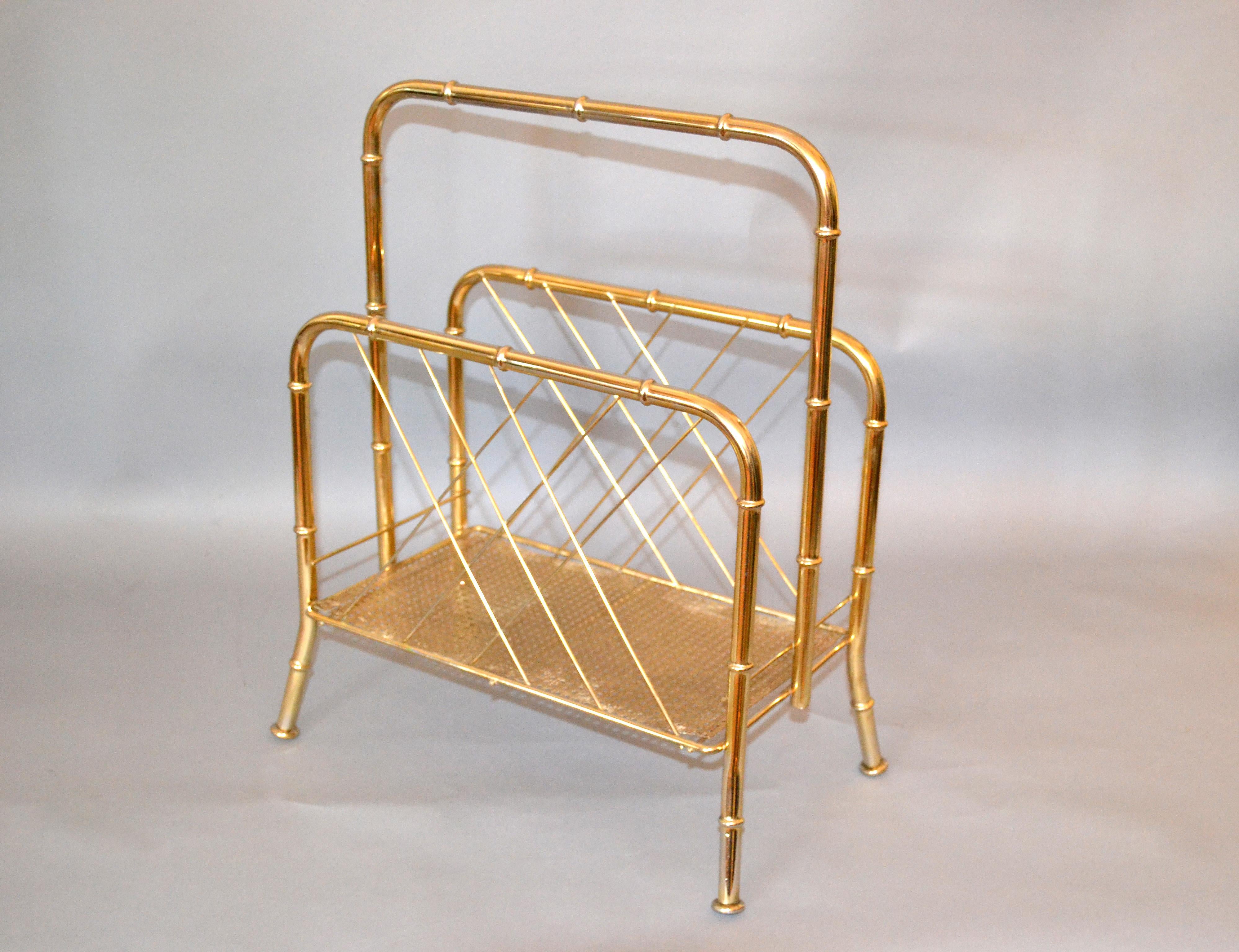 American Hollywood Regency Brass Faux Bamboo and Cane Magazine Newspaper Stand Rack For Sale