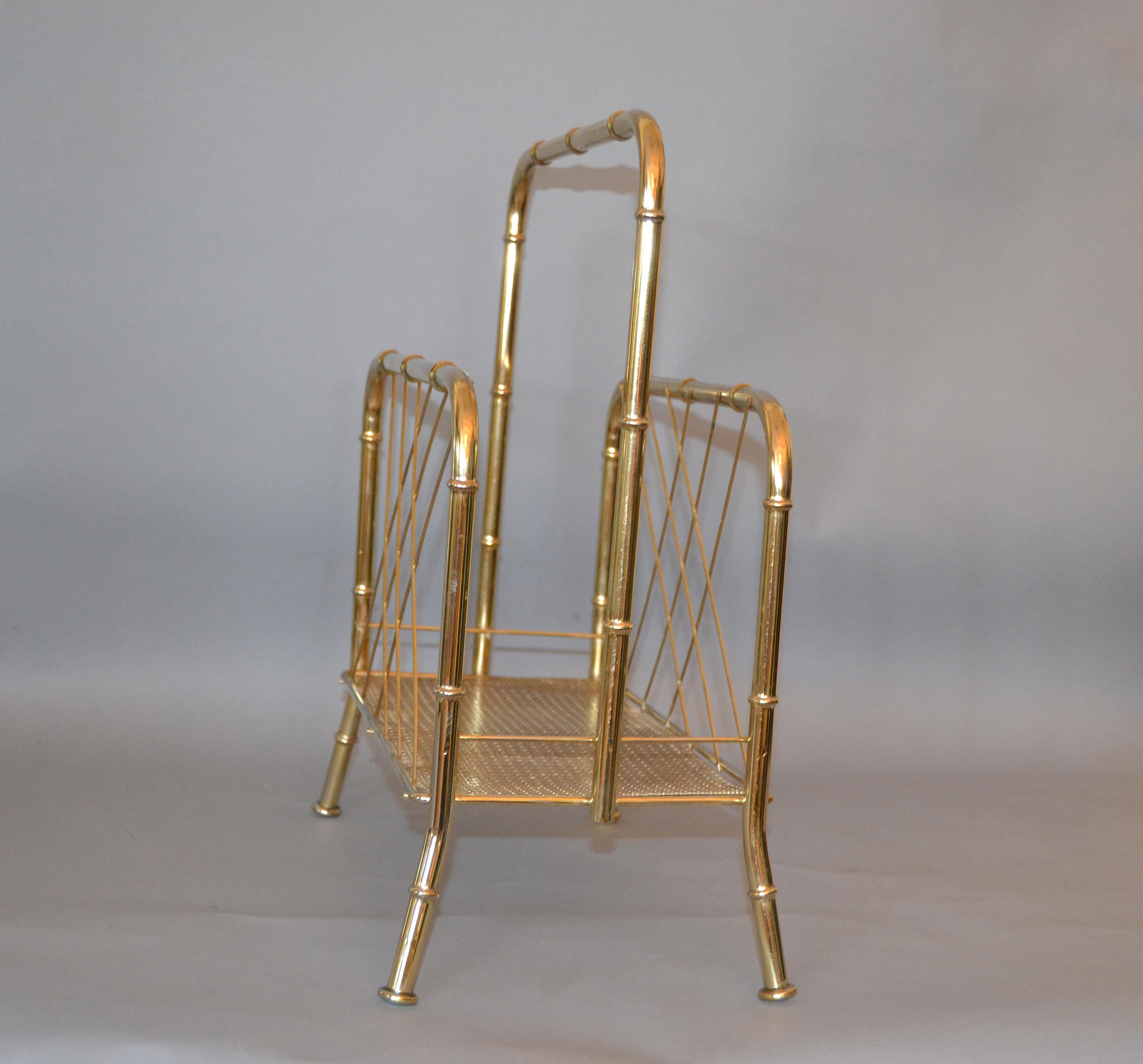 Hollywood Regency Brass Faux Bamboo and Cane Magazine Newspaper Stand Rack In Good Condition For Sale In Miami, FL
