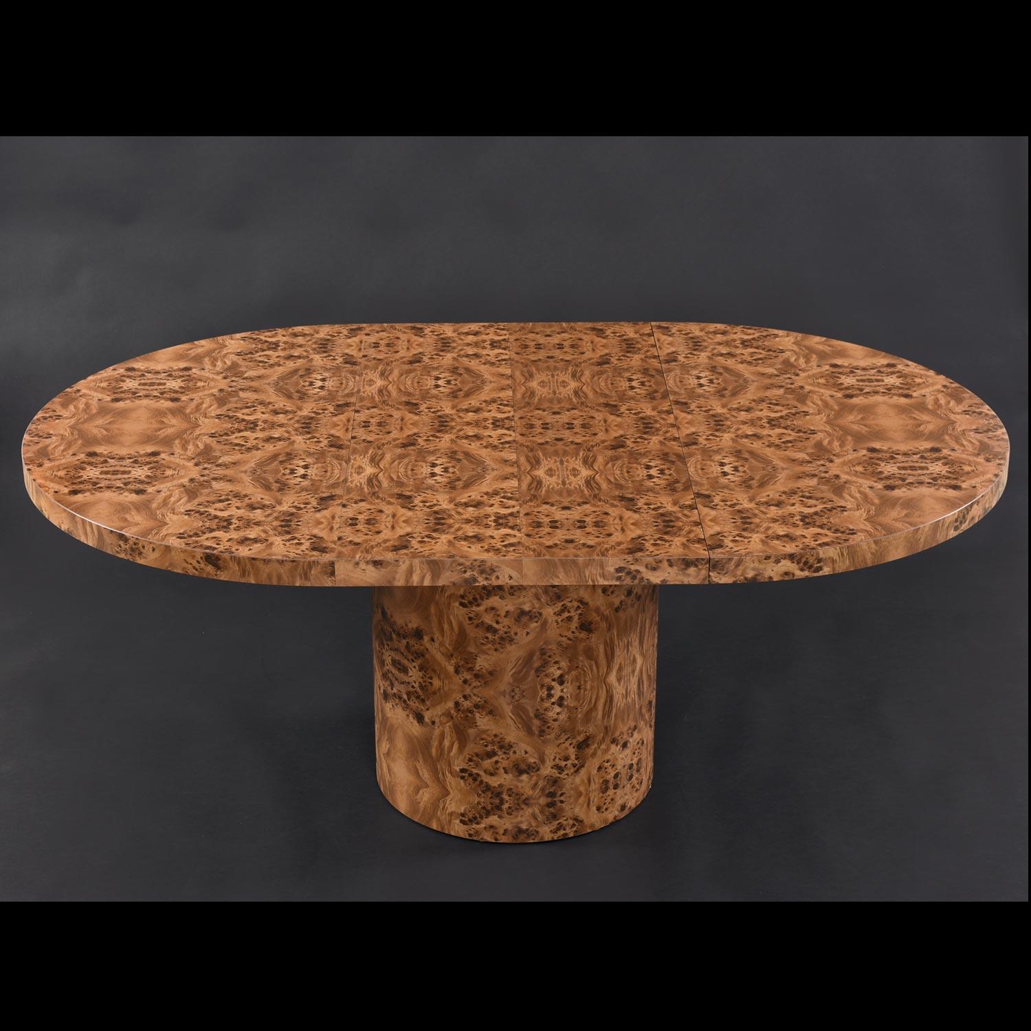 American Hollywood Regency Faux Burled Olive Wood Round Pedestal Extending Dining Table