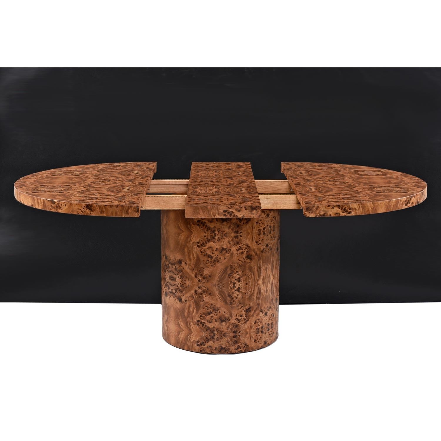 Hollywood Regency Faux Burled Olive Wood Round Pedestal Extending Dining Table In Excellent Condition In Chattanooga, TN