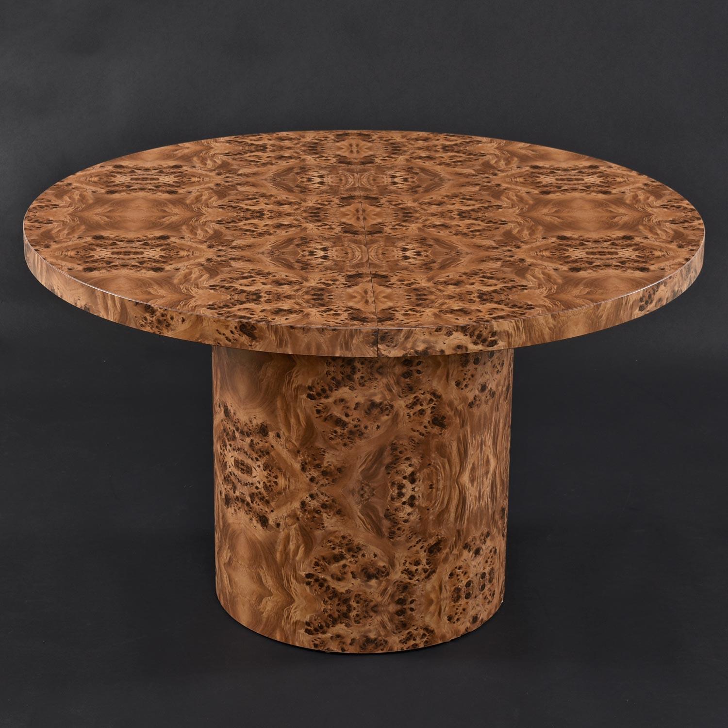 Late 20th Century Hollywood Regency Faux Burled Olive Wood Round Pedestal Extending Dining Table
