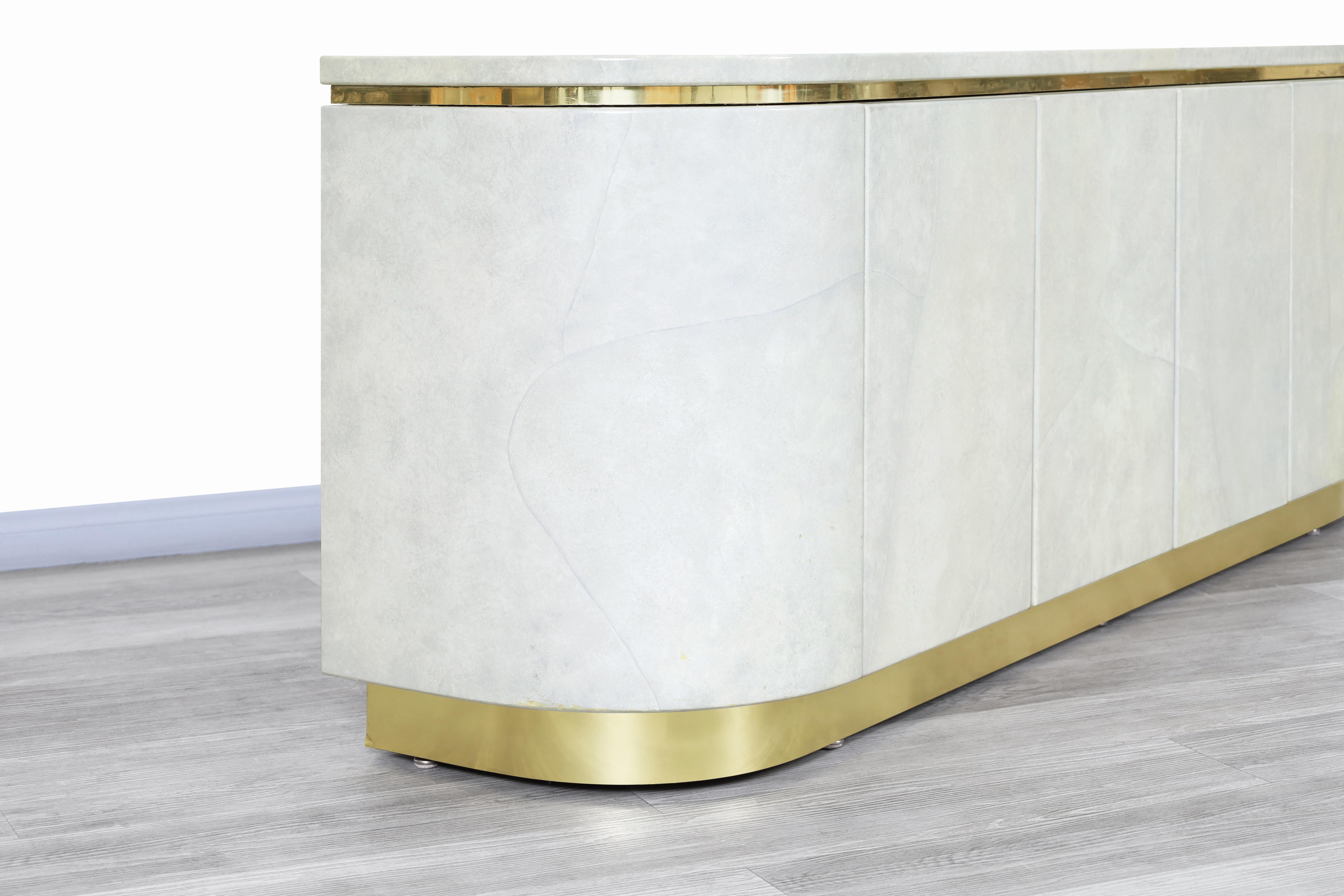 Mid-Century Modern Hollywood Regency Faux Goatskin and Brass Sideboard by Mastercraft