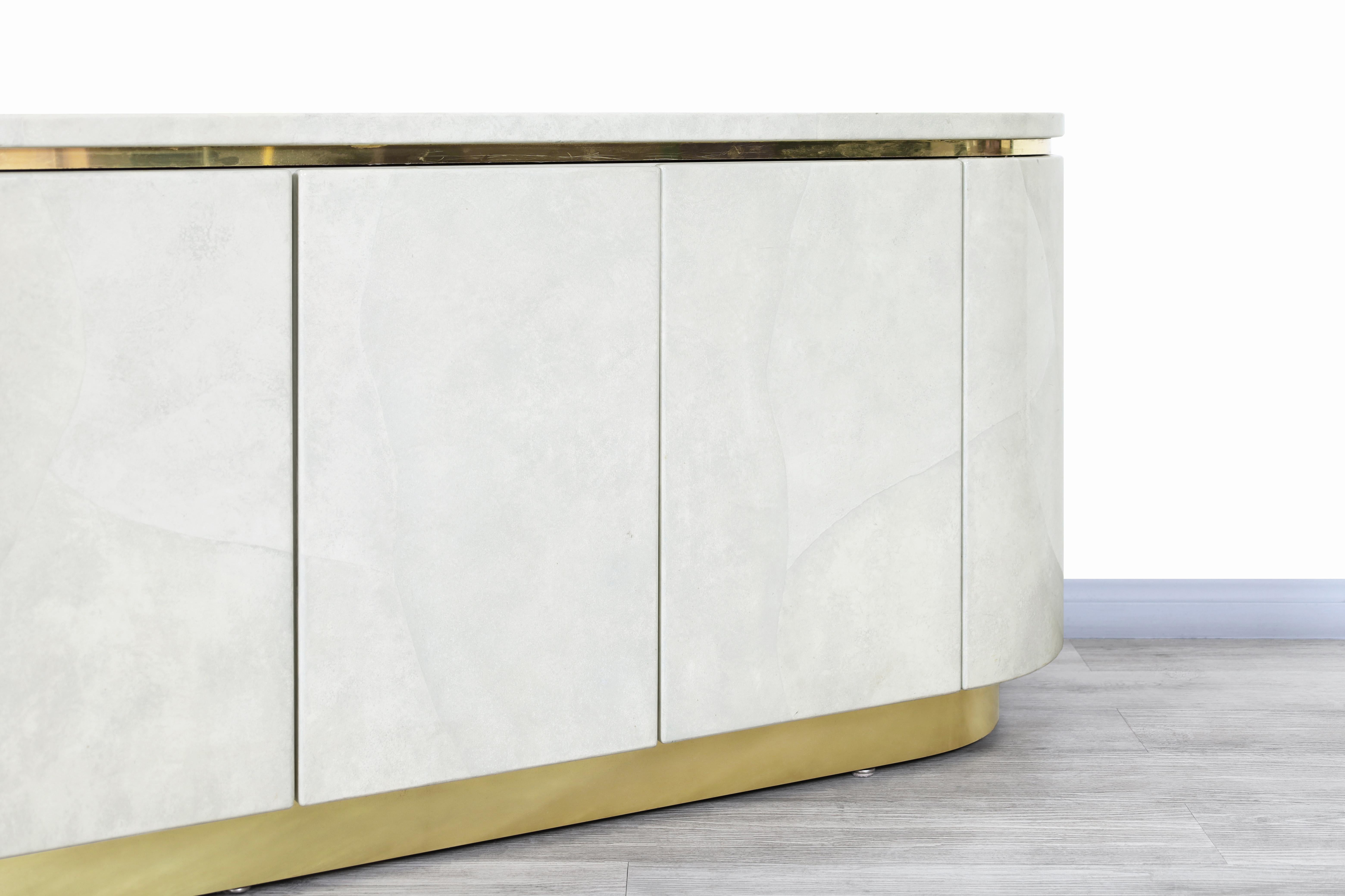 American Hollywood Regency Faux Goatskin and Brass Sideboard by Mastercraft