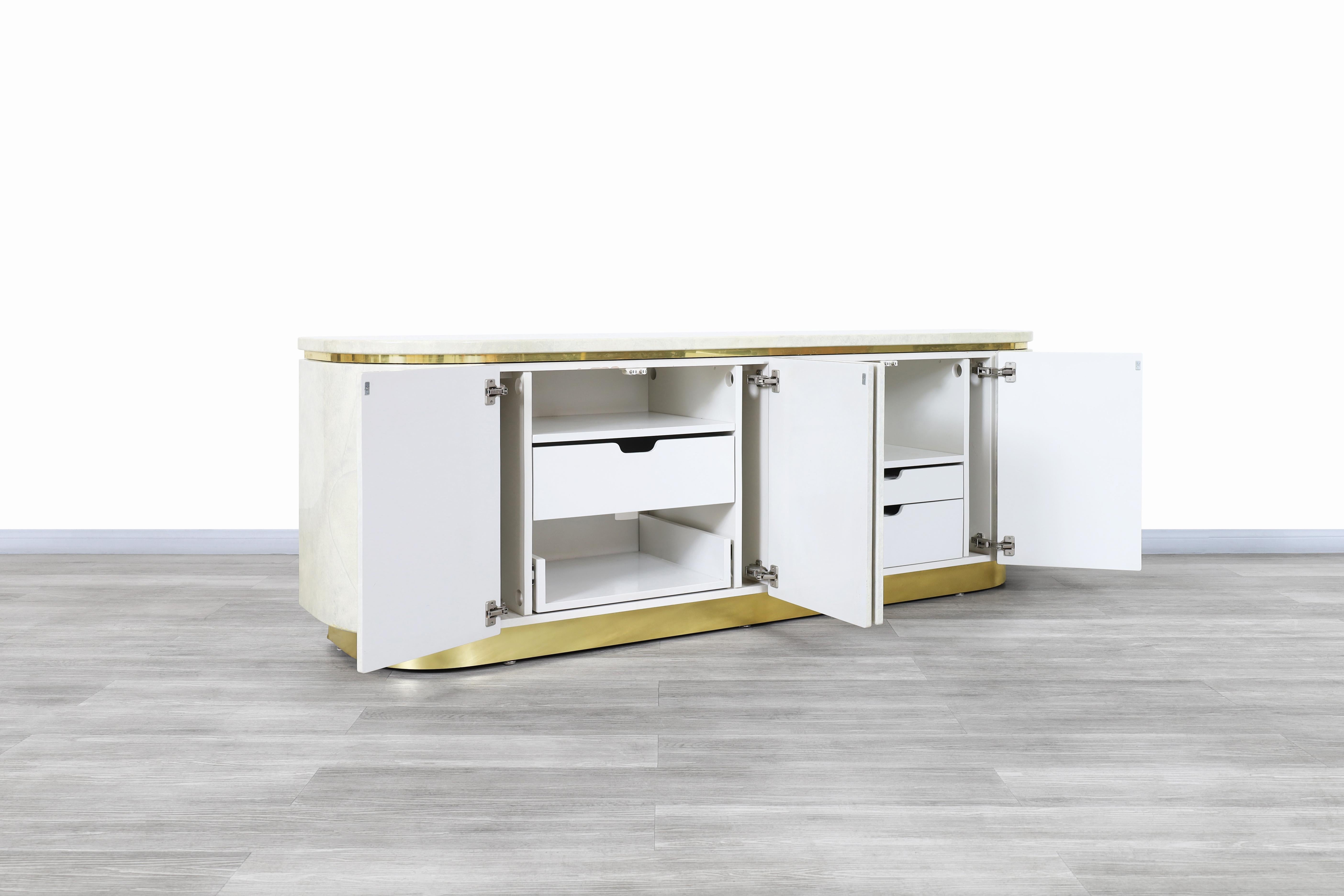 Hollywood Regency Faux Goatskin and Brass Sideboard by Mastercraft In Good Condition In North Hollywood, CA