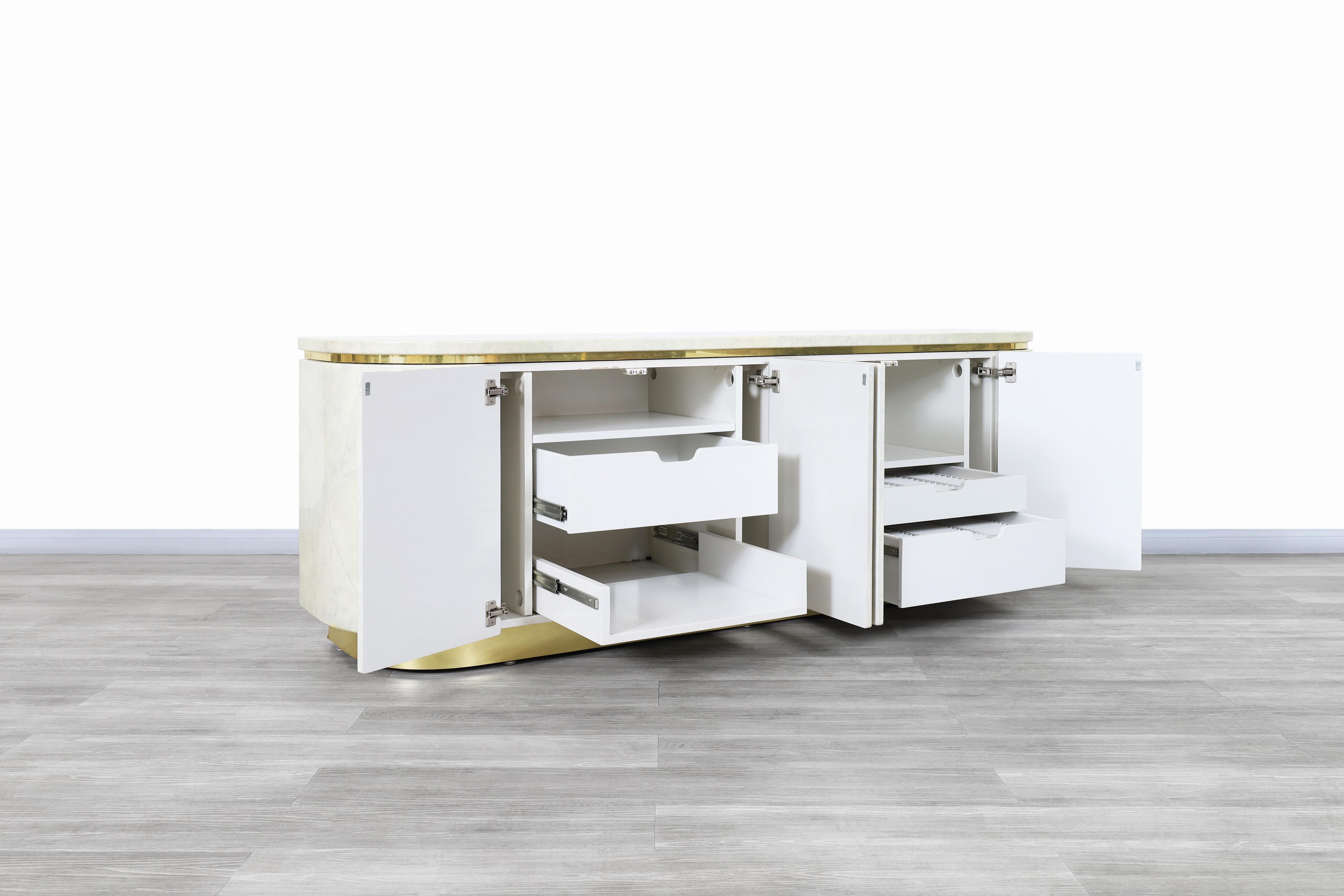 Late 20th Century Hollywood Regency Faux Goatskin and Brass Sideboard by Mastercraft