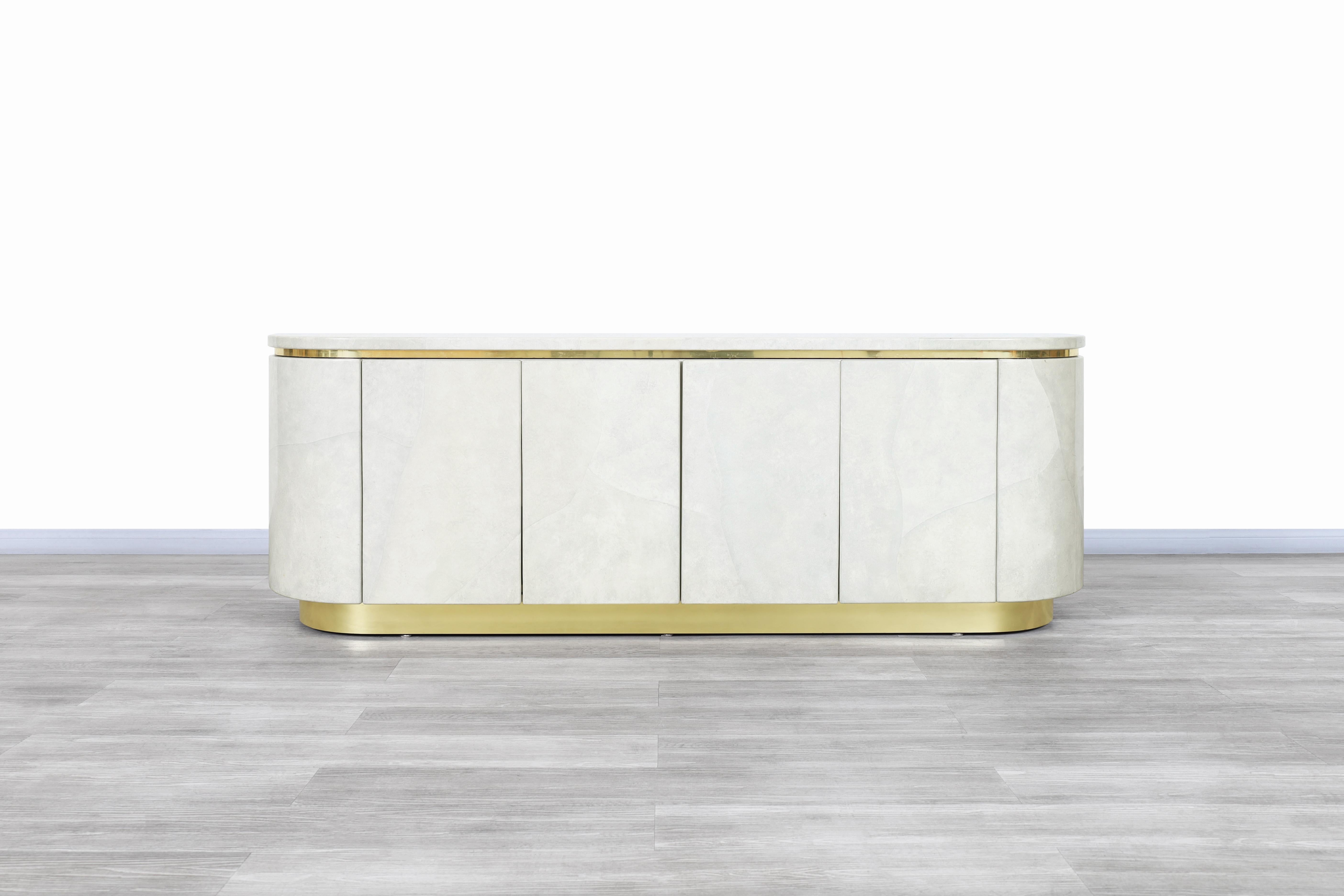 Hollywood Regency Faux Goatskin and Brass Sideboard by Mastercraft 2