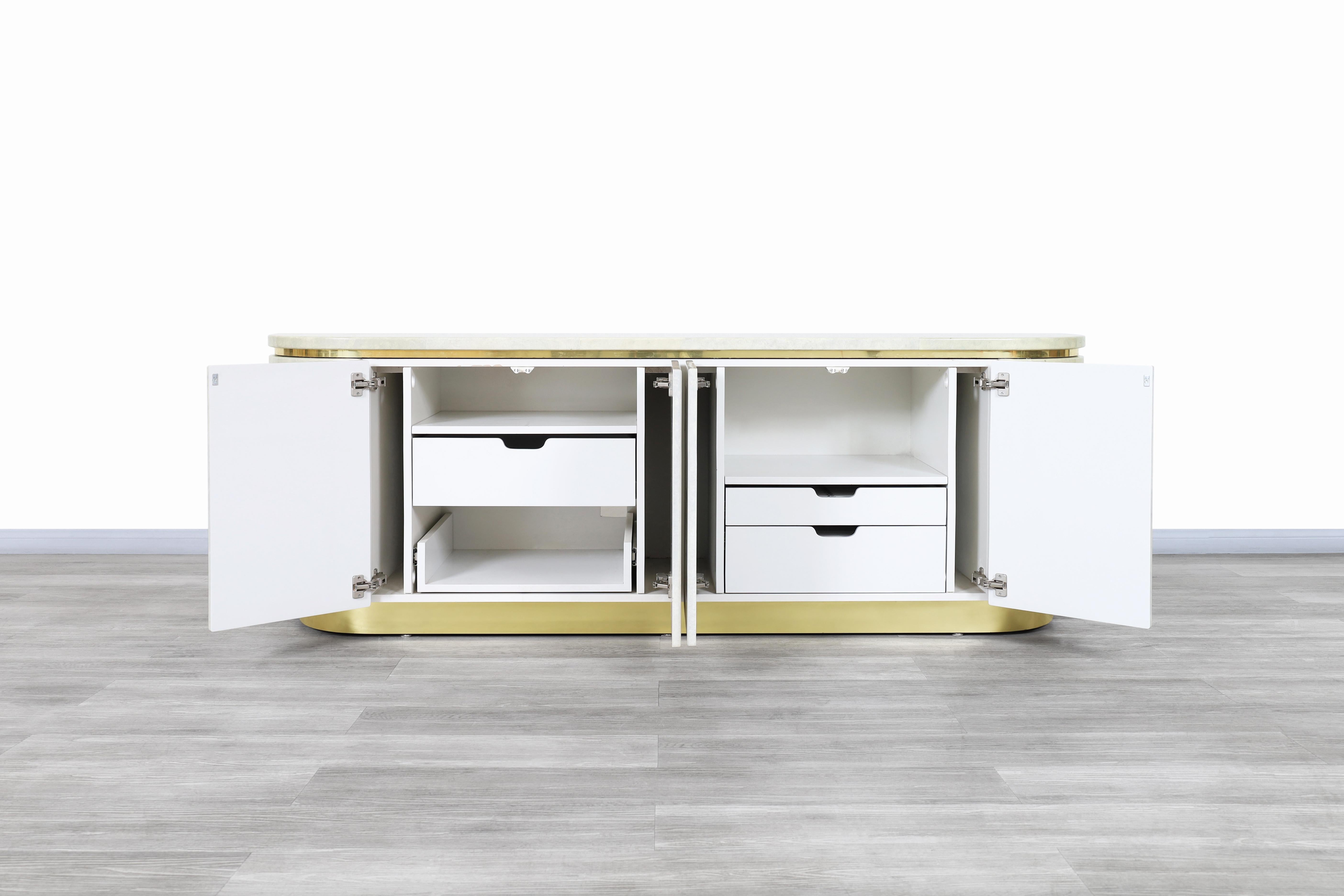 Hollywood Regency Faux Goatskin and Brass Sideboard by Mastercraft 3