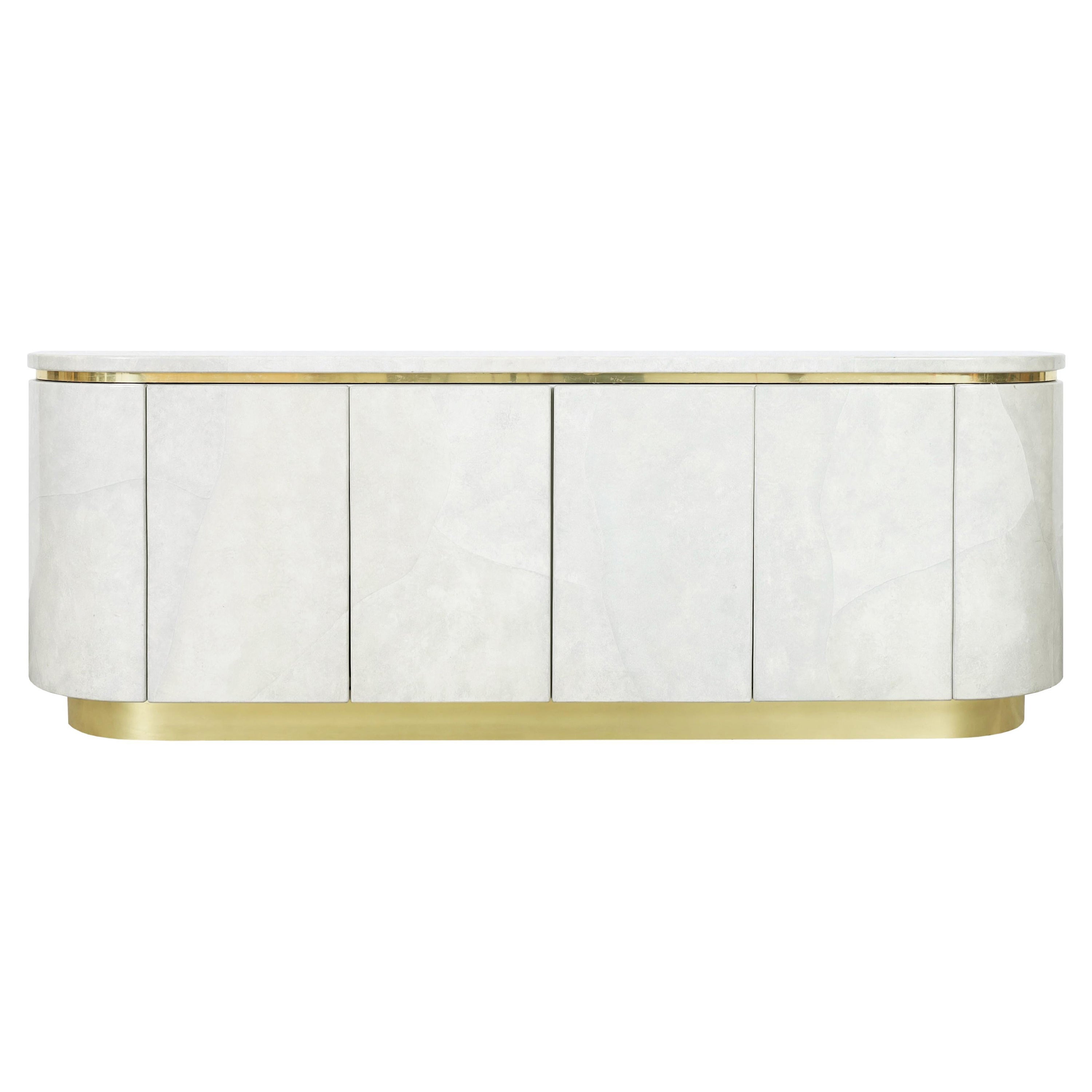 Hollywood Regency Faux Goatskin and Brass Sideboard by Mastercraft