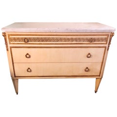 Hollywood Regency Faux Linen Greek Key Design White Marble-Top Commode