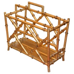 Hollywood Regency Faux Metal Bamboo and Faux Cane Magazine Rack Golden Finish
