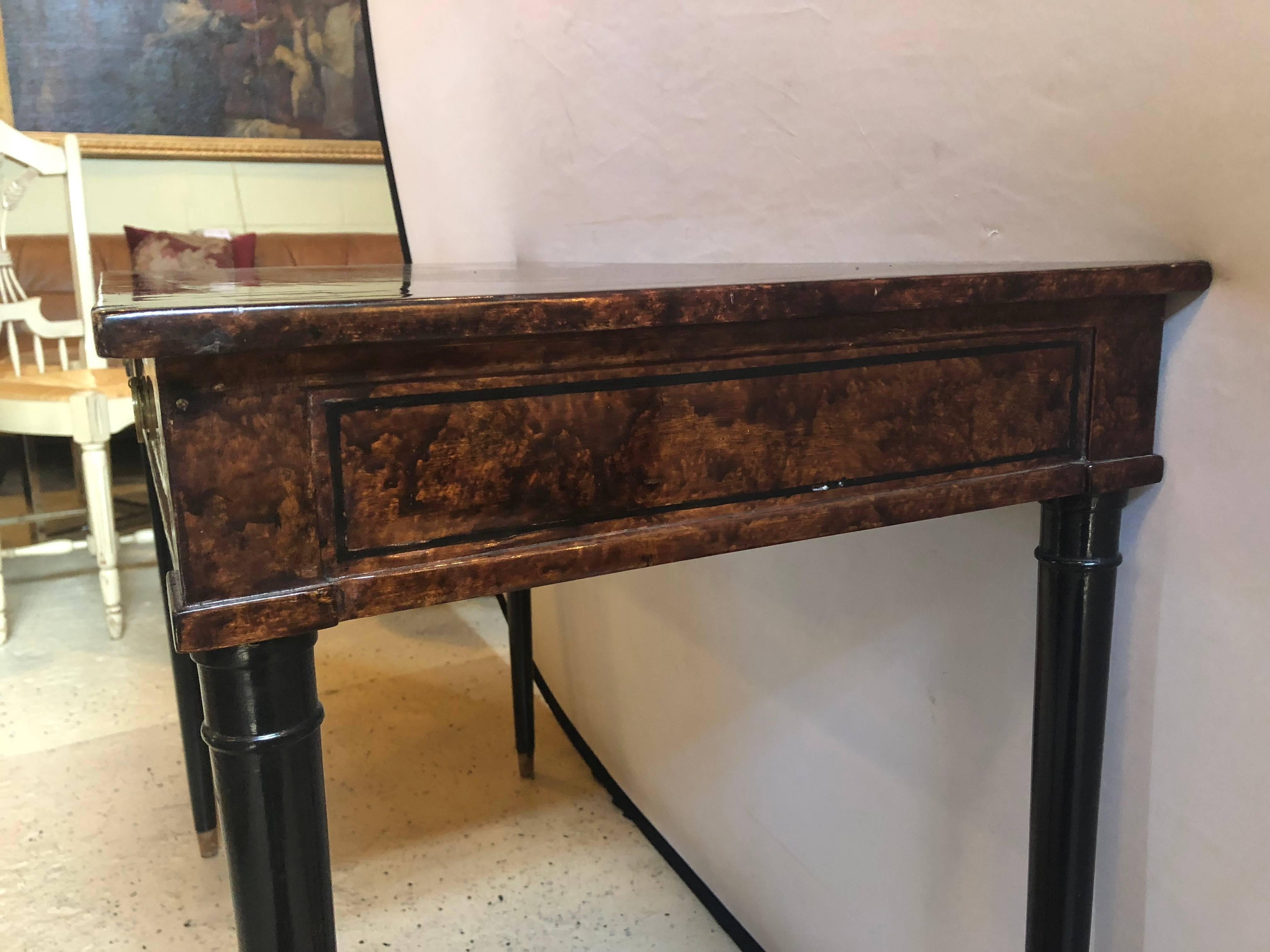 Hollywood Regency Faux Tortoise Two-Drawer Desk Having Greek Key Ebony Design 6