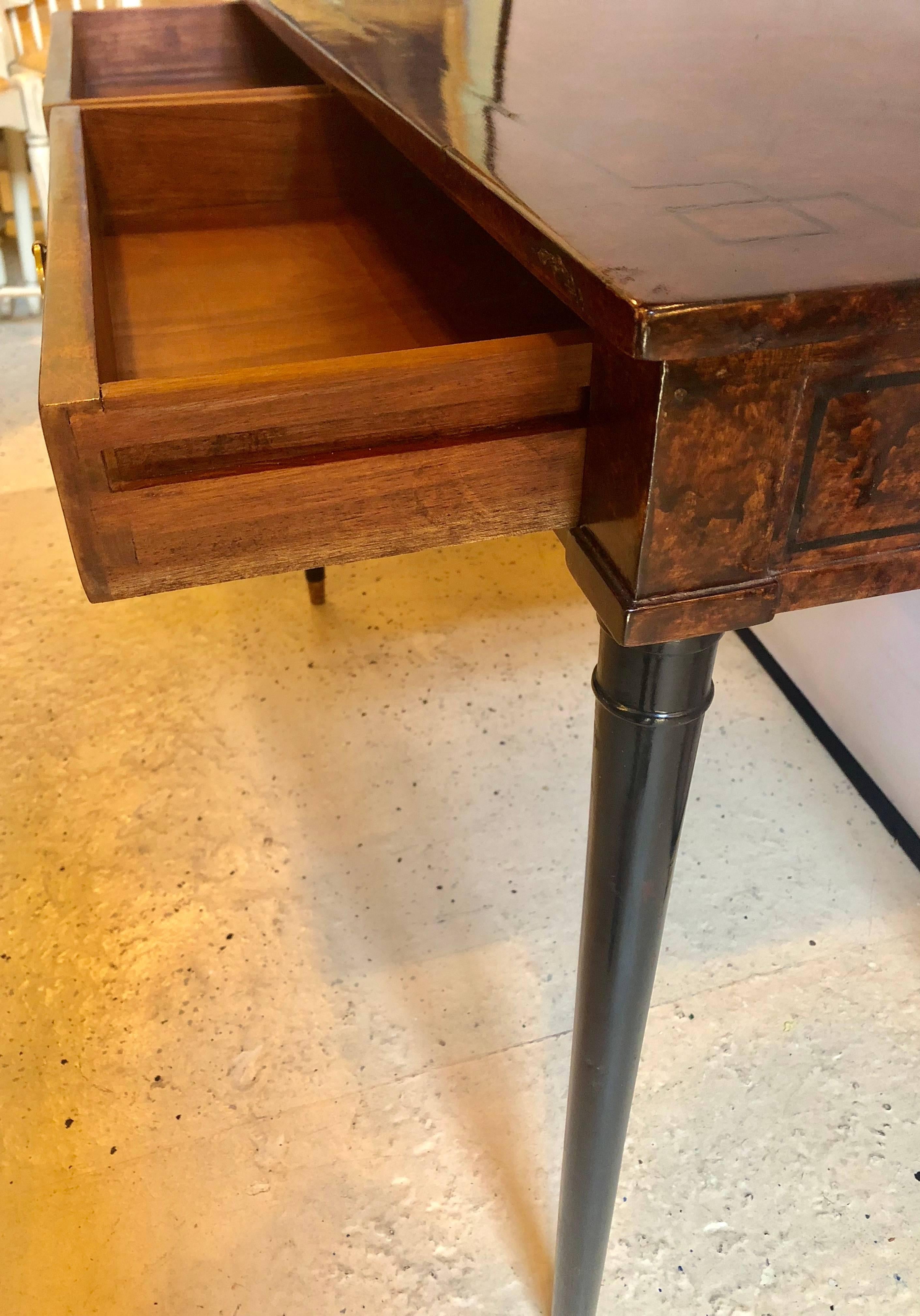 Hollywood Regency Faux Tortoise Two-Drawer Desk Having Greek Key Ebony Design 9