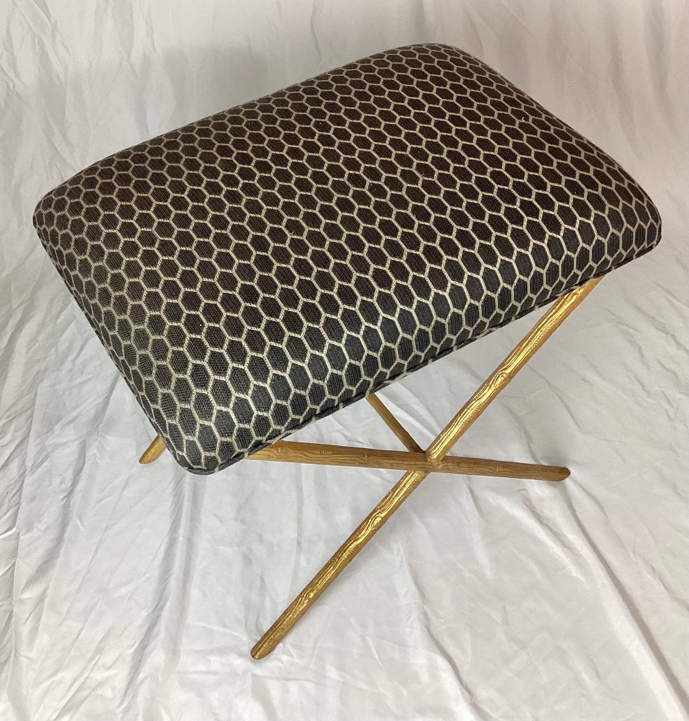 Hollywood Regency Faux Tree Bark X-Base stool bench or ottoman. Base is cold painted gold with a handsome gray diamond pattern fabric. Minor age appropriate wear to gold on tips of feet.