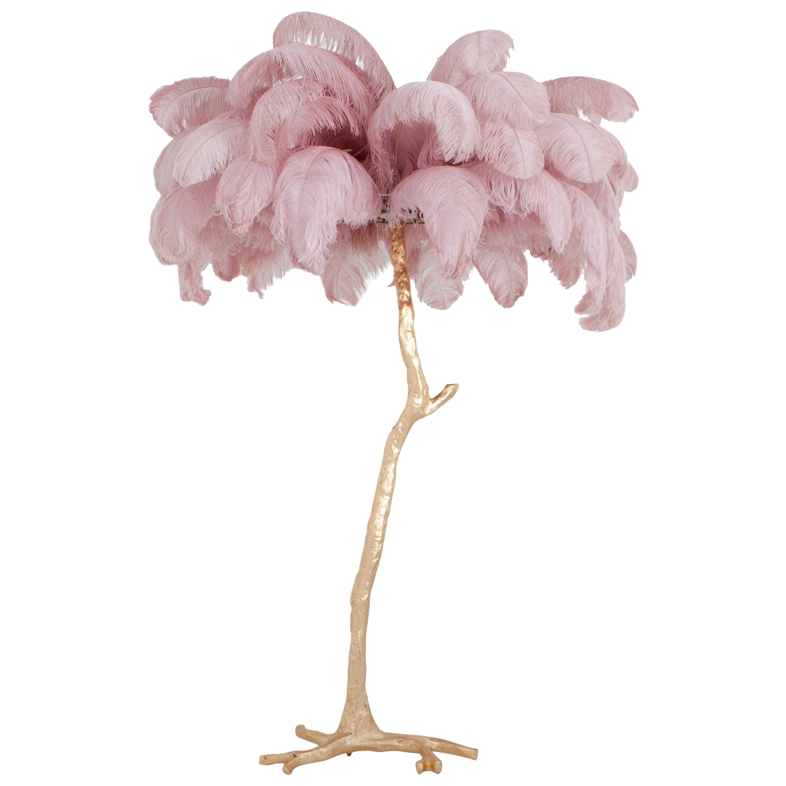 Hollywood Regency Feather Palm Tree Floor Lamp in Copper and Pink
