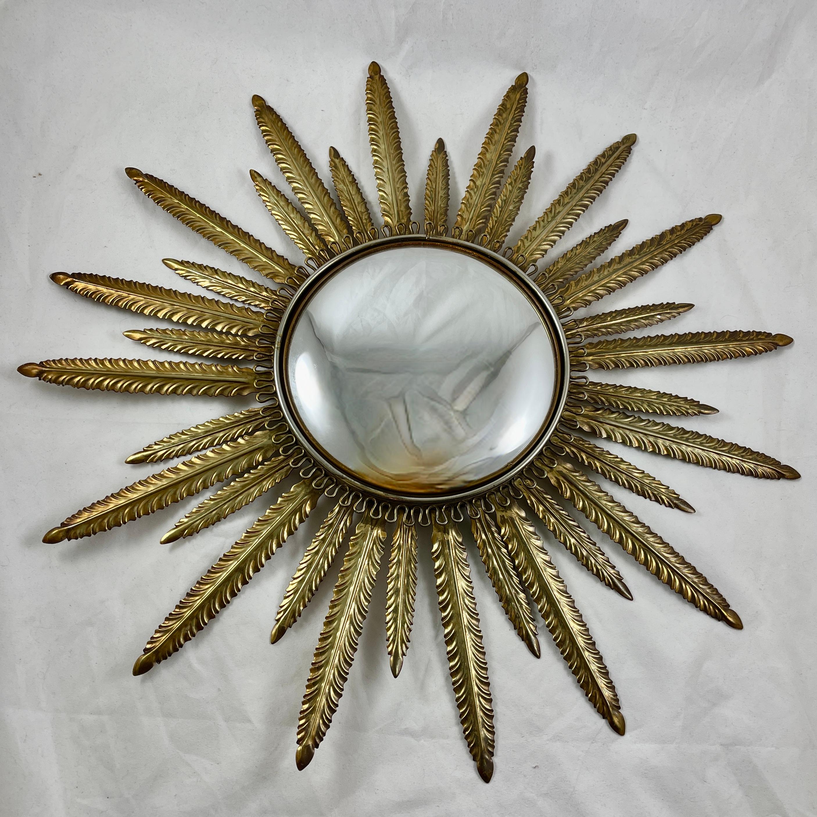 French Hollywood Regency Feather Ray Metal Sunburst Mirror For Sale