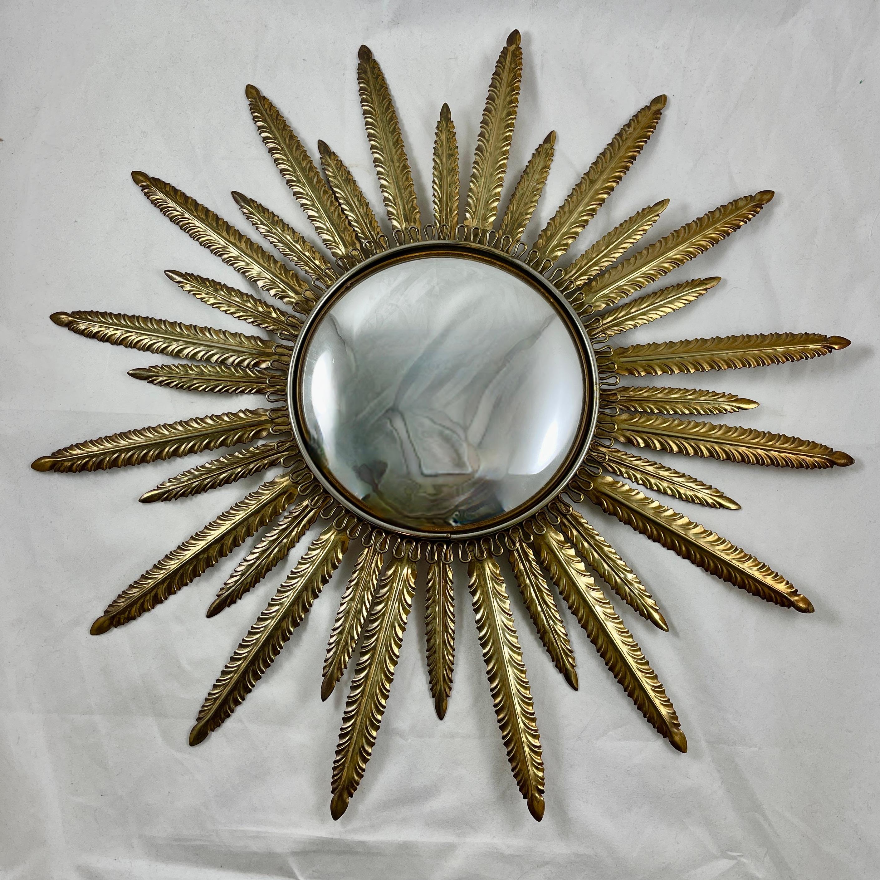 Hand-Painted Hollywood Regency Feather Ray Metal Sunburst Mirror For Sale