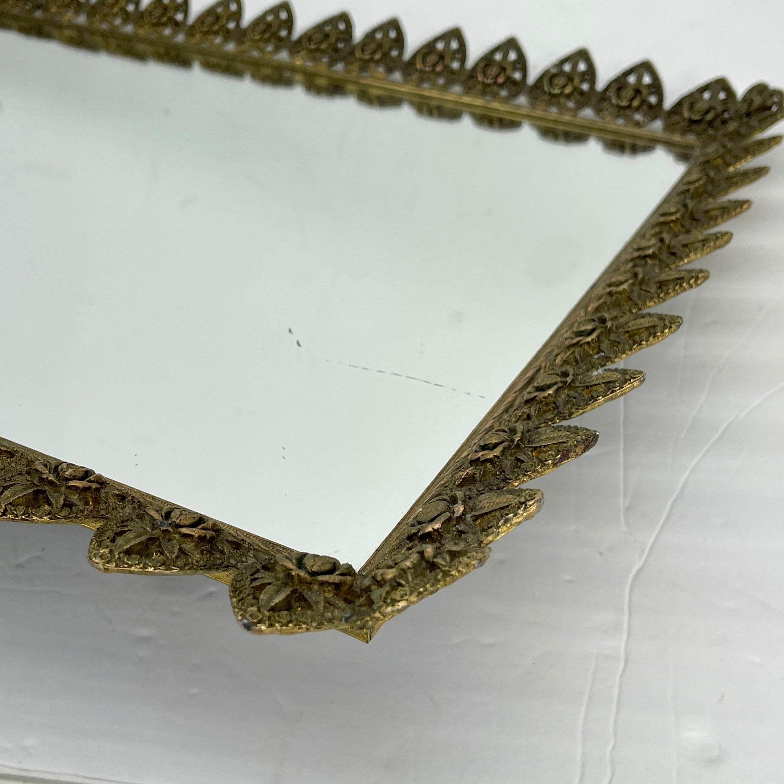 Hollywood Regency Filigree Brass and Mirror Vanity Tray 7