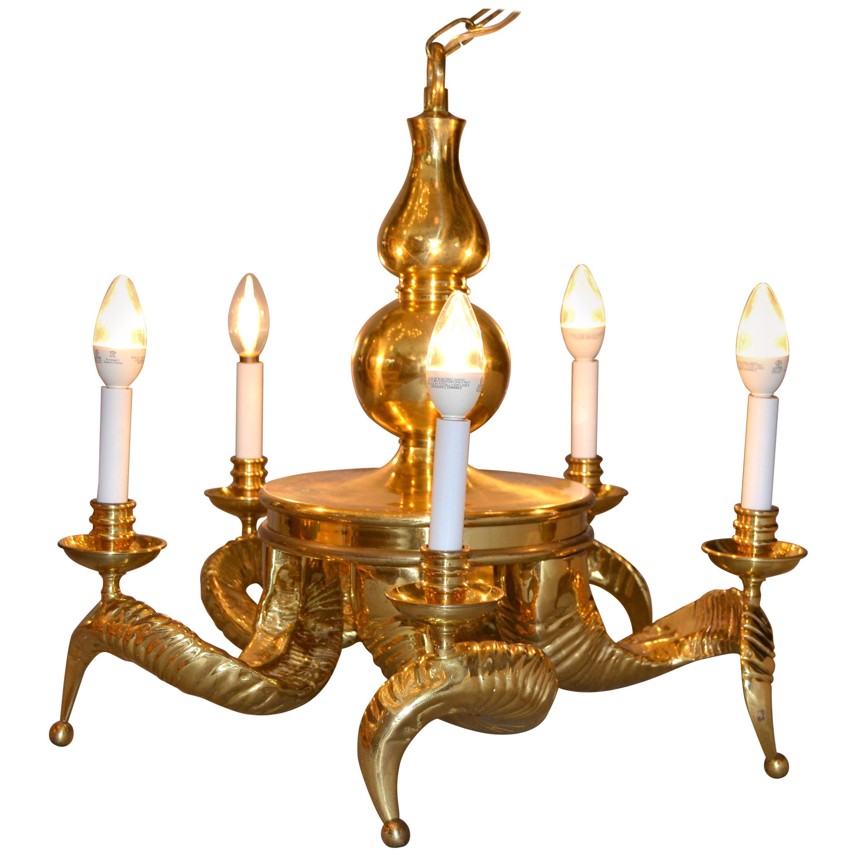 Hollywood Regency Five-Light Massive 1950s Ram Horn Bronze Chandelier and Canopy For Sale