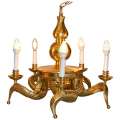 Vintage Hollywood Regency Five-Light Massive 1950s Ram Horn Bronze Chandelier and Canopy