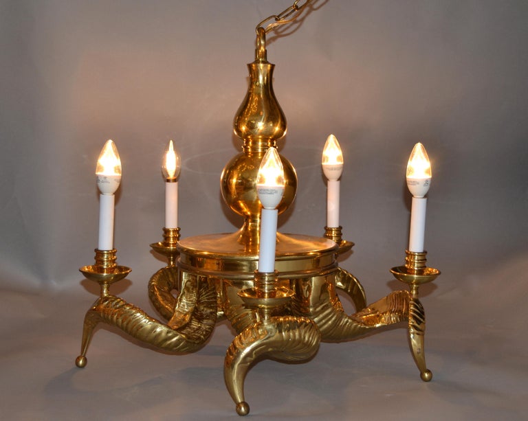 Hollywood Regency FiveLight Massive 1950s Ram Horn Bronze Chandelier