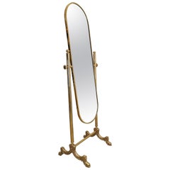 Hollywood Regency Floor Cheval Full Length Brass Mirror, Italy, 1980s