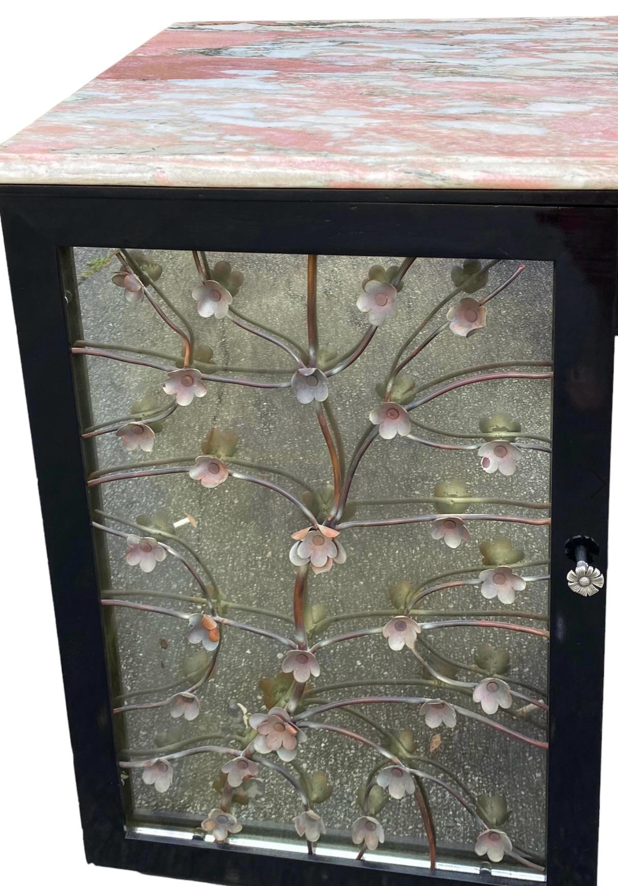 American Hollywood Regency Floral Tole Mirrored Sideboard / Credenza W/ Pink Marble Top For Sale