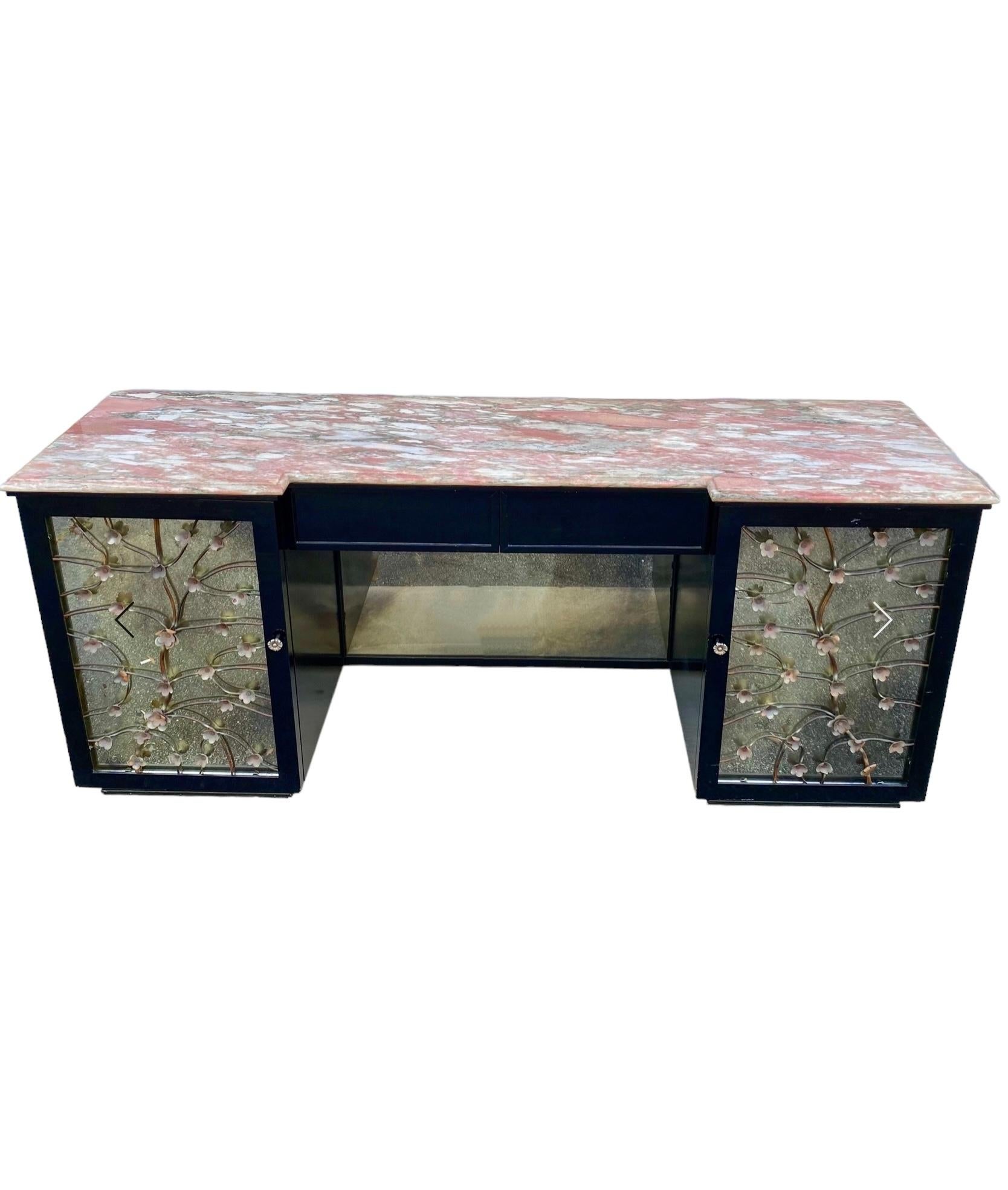 20th Century Hollywood Regency Floral Tole Mirrored Sideboard / Credenza W/ Pink Marble Top For Sale