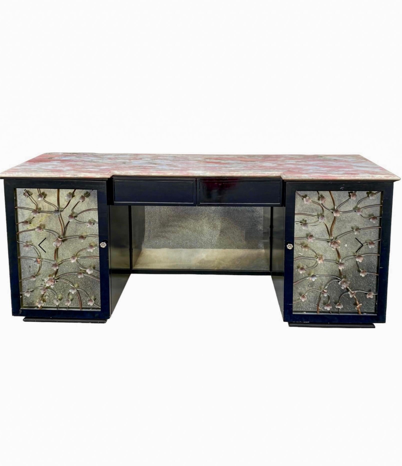 Hollywood Regency Floral Tole Mirrored Sideboard / Credenza W/ Pink Marble Top For Sale 1