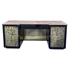Hollywood Regency Floral Tole Mirrored Sideboard / Credenza W/ Pink Marble Top